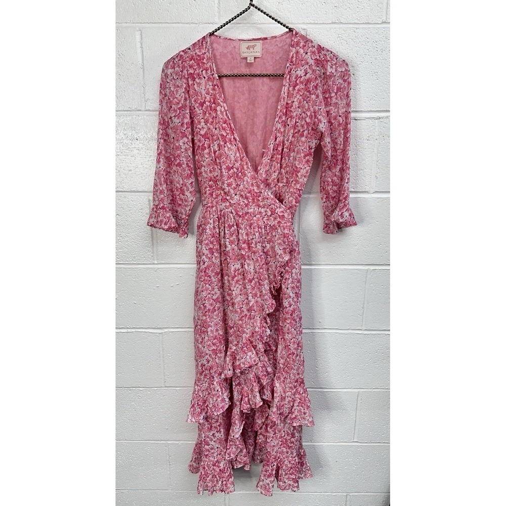 Banjanan Pink Floral Cotton Wrap Ruffle Maxi Dress / Women's Small